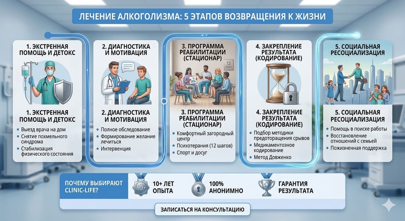 Инфографика: 5 этапов лечения алкоголизма в клинике Clinic-Life — от экстренной помощи и детокса до социальной ресоциализации